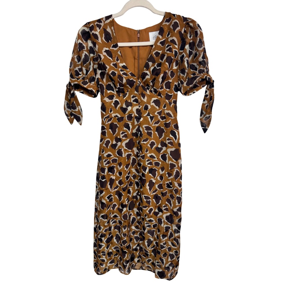 JOA XS‎ Brown Animal Print Midi Dress Women Puff Sleeve Tie Cuff